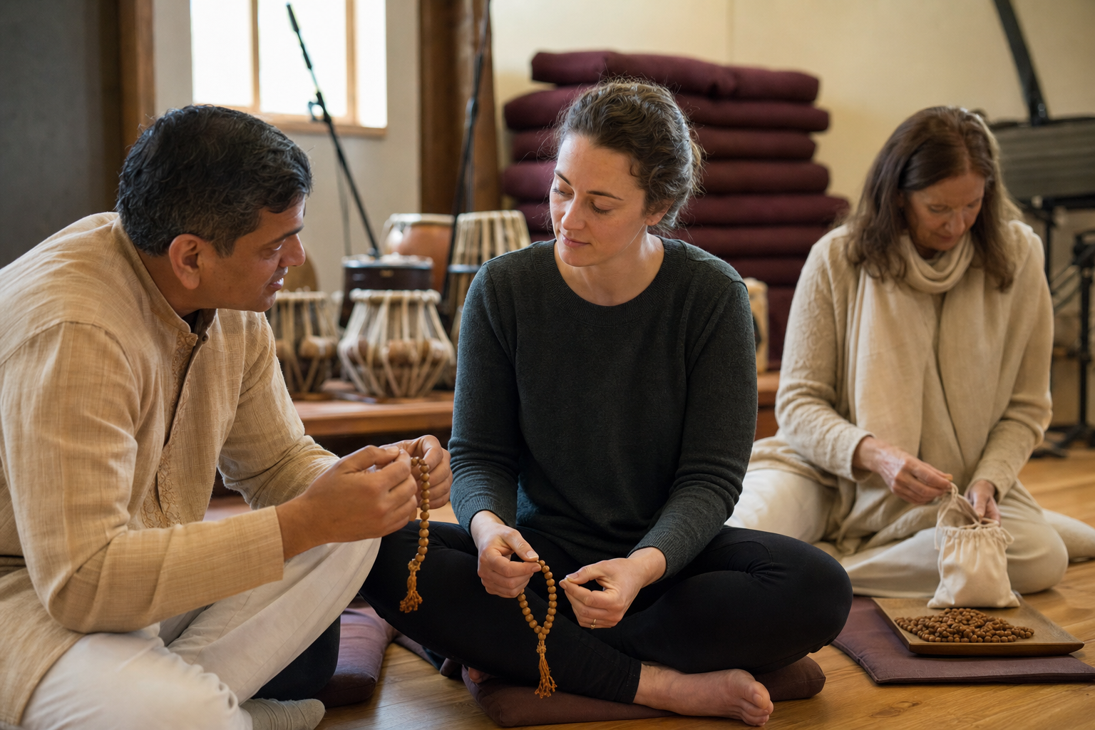A practitioner shows a newcomer how to use wooden prayer beads after a devotional gathering.