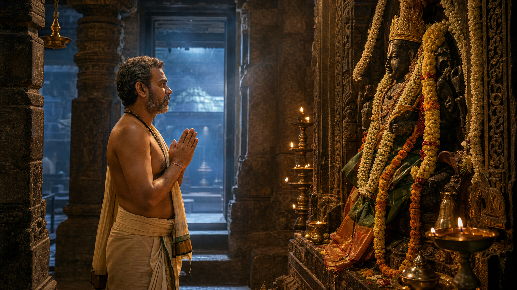 A devotee with folded hands receives darshan before a flower-adorned stone murti in a lamp-lit Hindu temple sanctum.