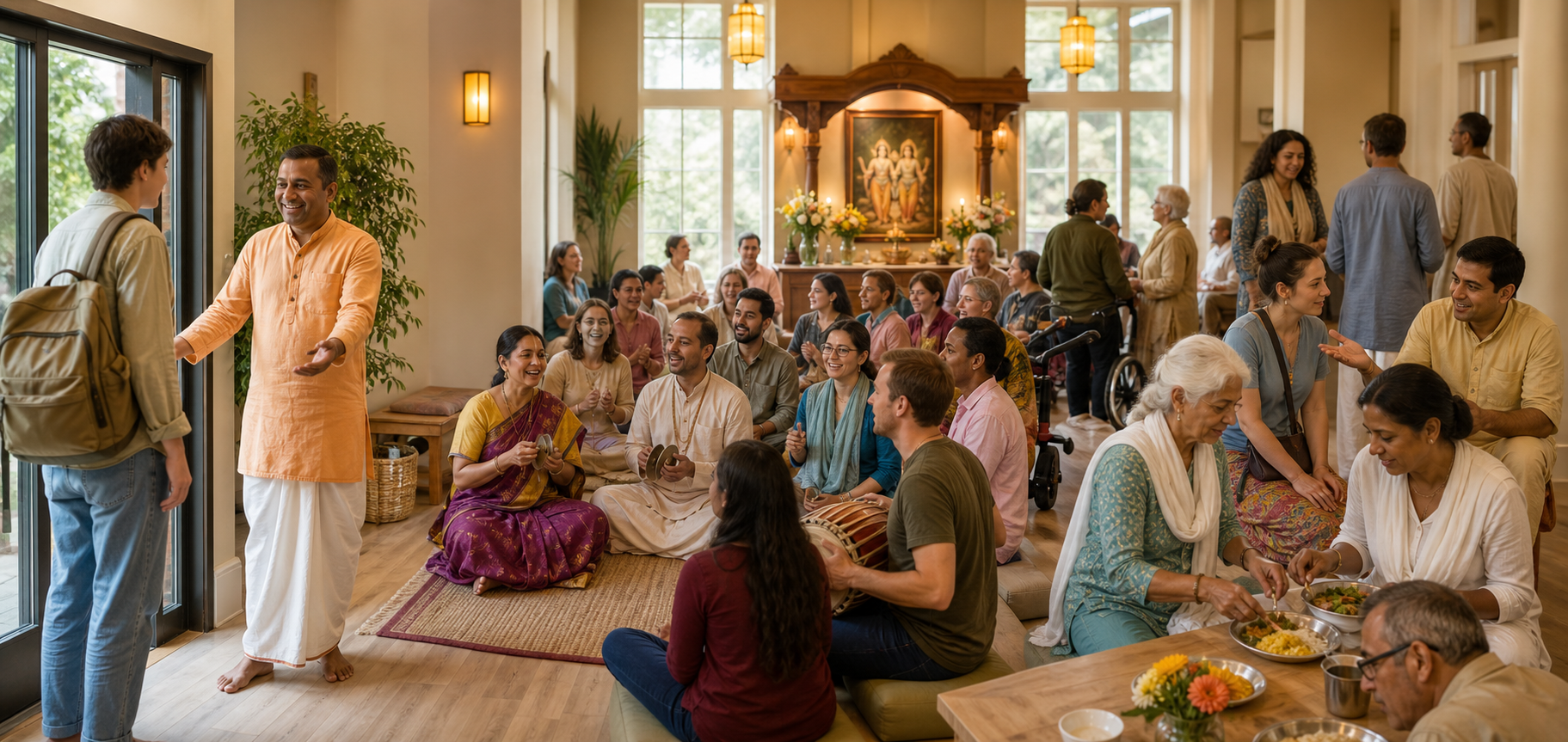 A community hall scene moves from a welcoming entrance to group chanting and a shared meal with a follow-up practice circle.