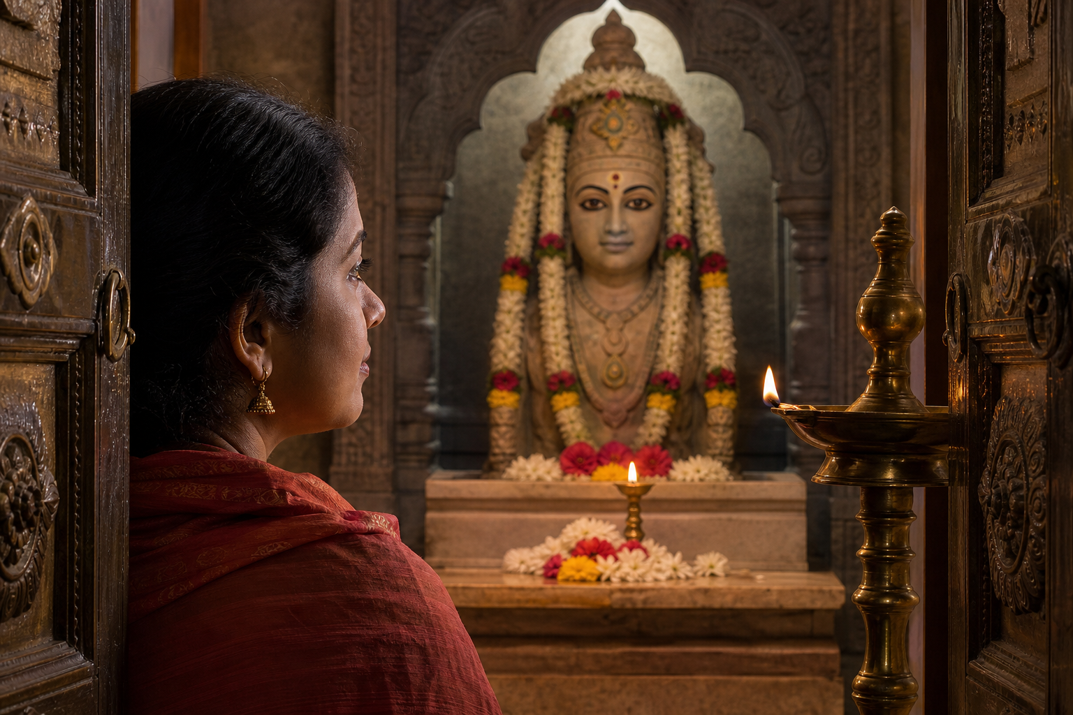A woman looks attentively toward the painted eyes of a stone murti across a small temple shrine.