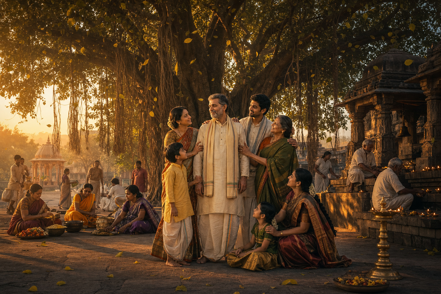 A multigenerational family and community gather beneath a banyan tree in a temple courtyard at dawn while one householder stands calmly among them.