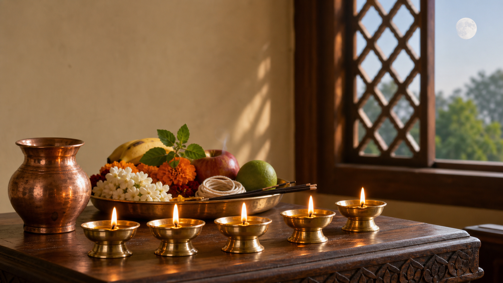 Five lit brass oil lamps arranged beside flowers, fruit, incense, tulsi leaves, and a copper vessel in a sunlit home prayer space.