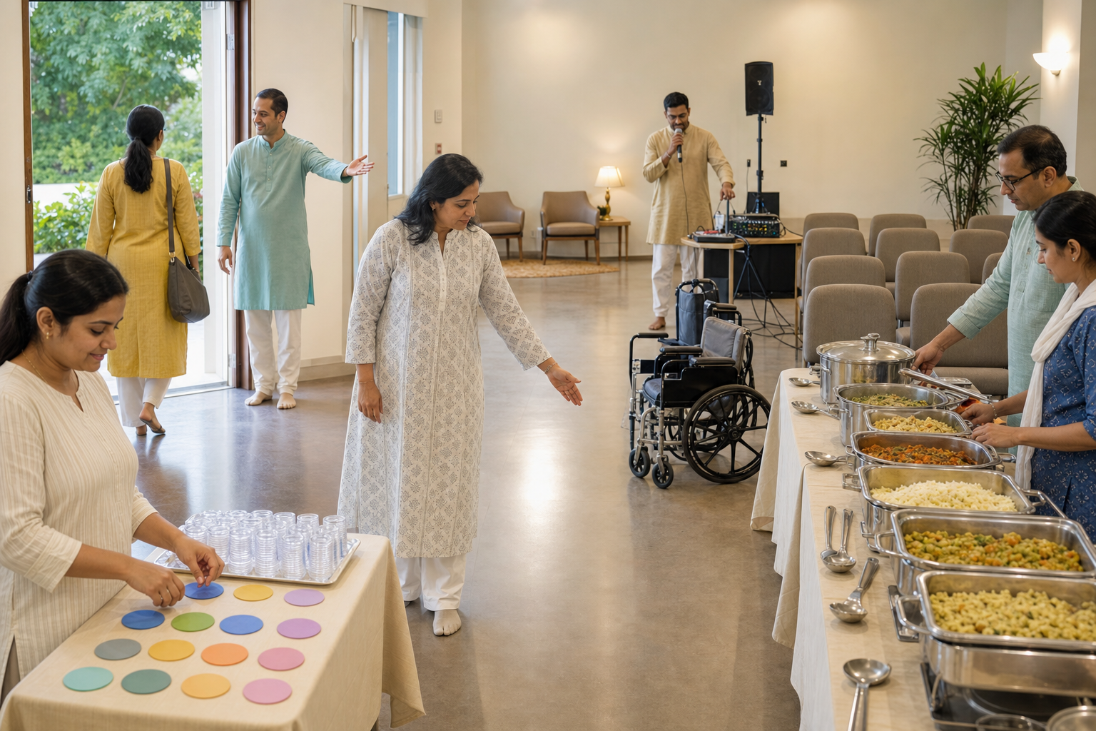 Volunteers prepare accessible seating, sound equipment, water, and a vegetarian meal area before a public devotional program.