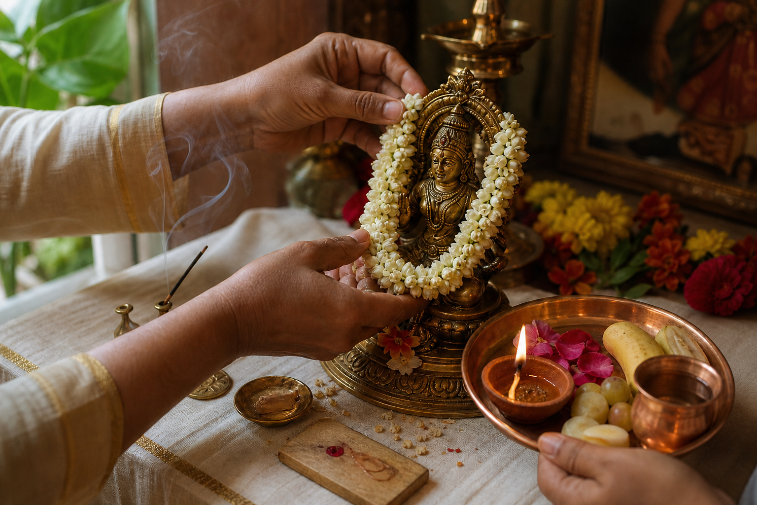Hands place a fresh jasmine garland on a brass murti beside a lamp, flowers, fruit, and water at a household shrine.