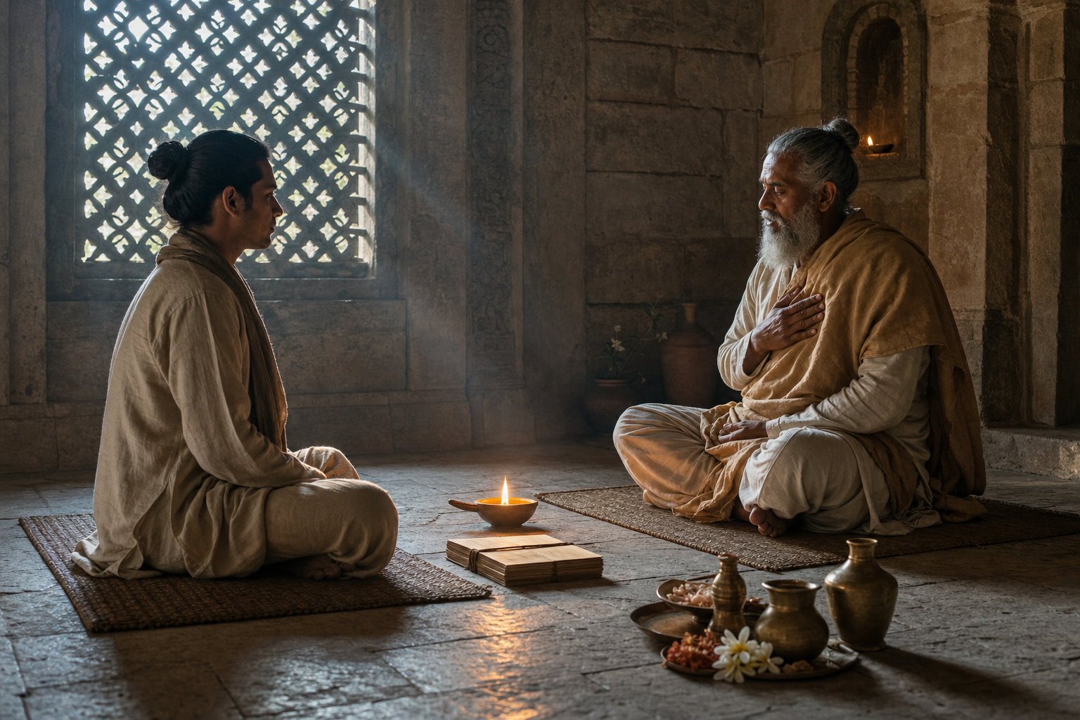 An adult student sits attentively with an older teacher beside an oil lamp, ritual vessels and a palm-leaf manuscript in a stone temple room.