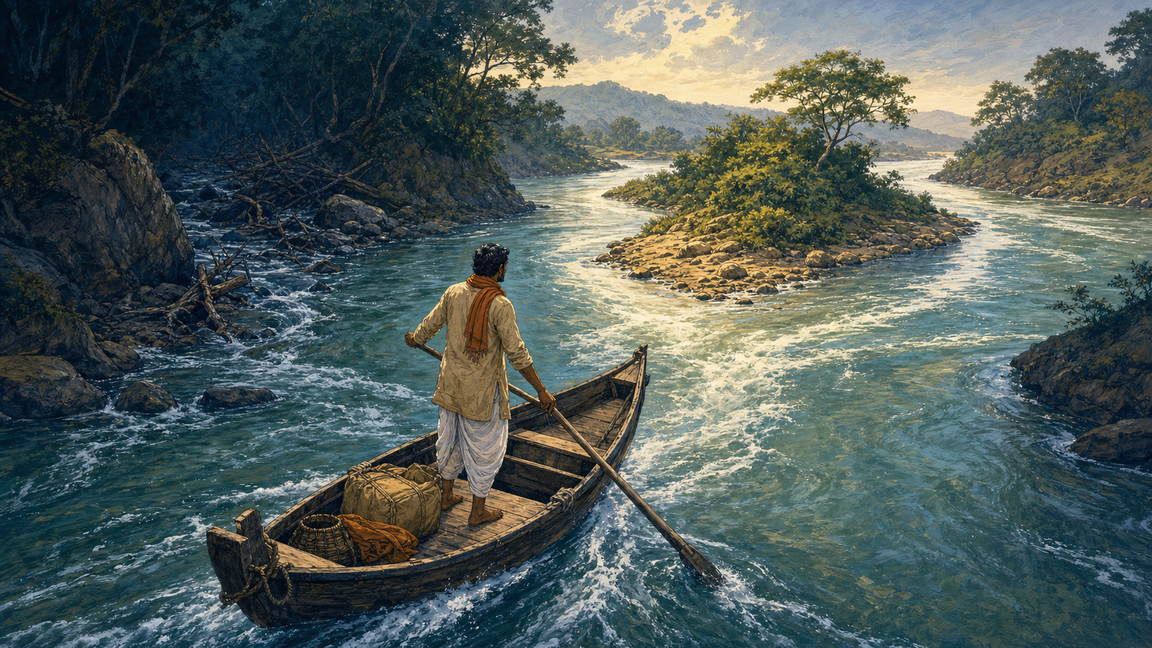 A person steers a small wooden boat through a strong river current toward two channels divided by a low island.