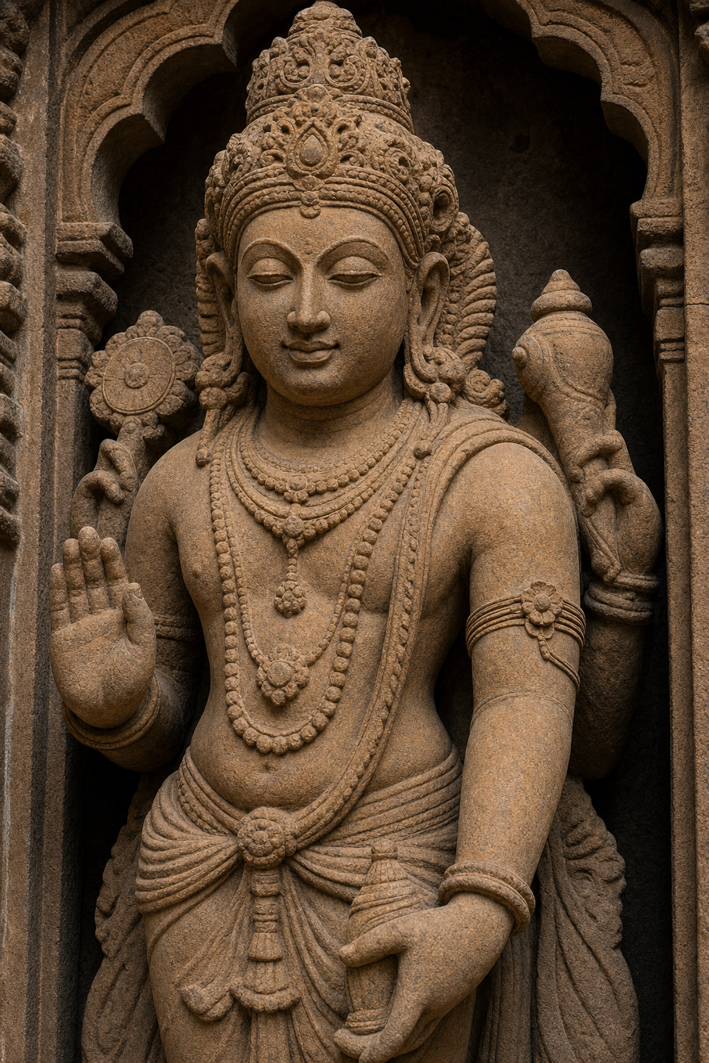Sandstone Hindu deity sculpture wearing a multi-cord upper-arm armlet that meets at a flower-shaped plaque.