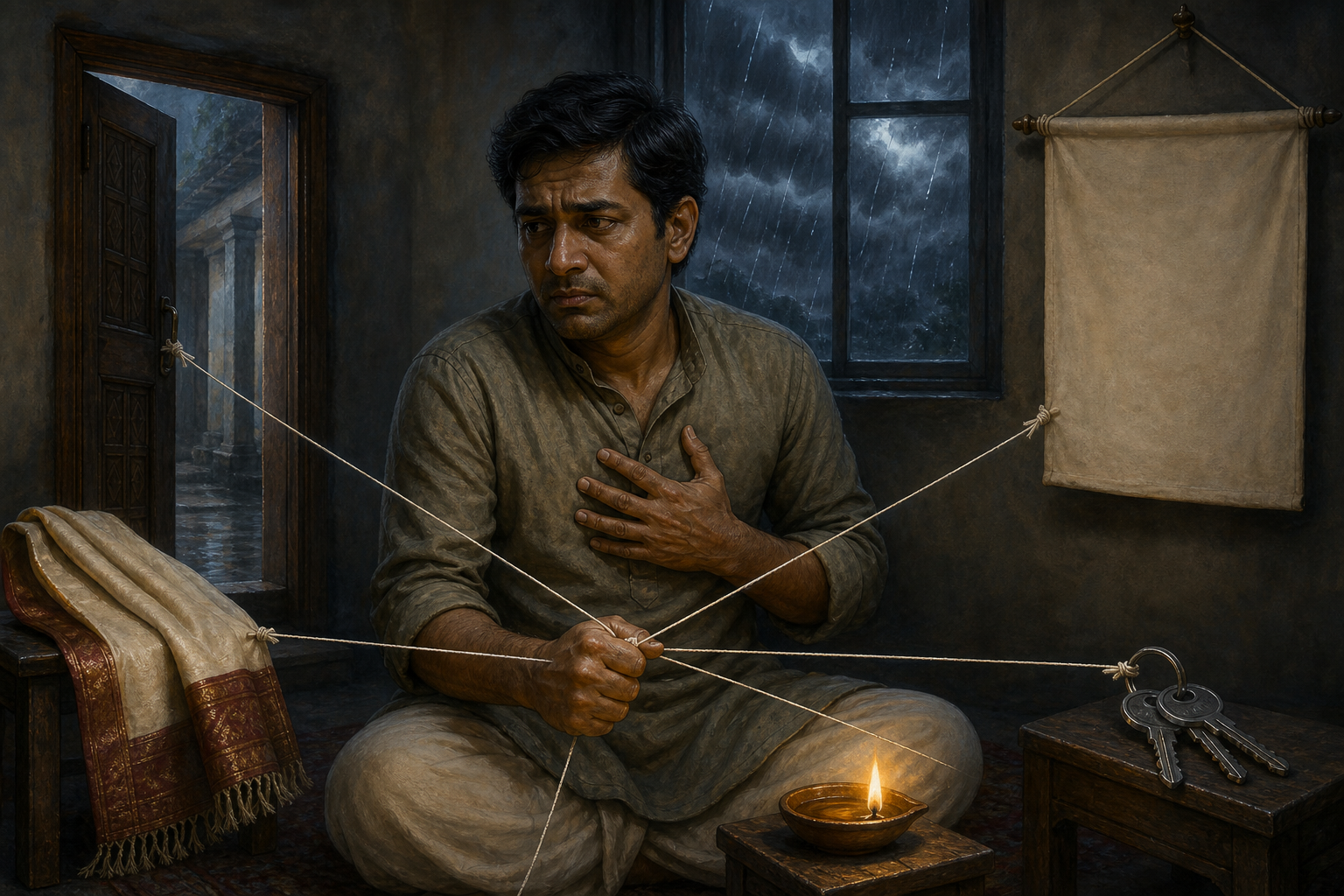 A worried person in a rain-darkened home holds threads connected to family and social objects while a steady oil lamp glows nearby.