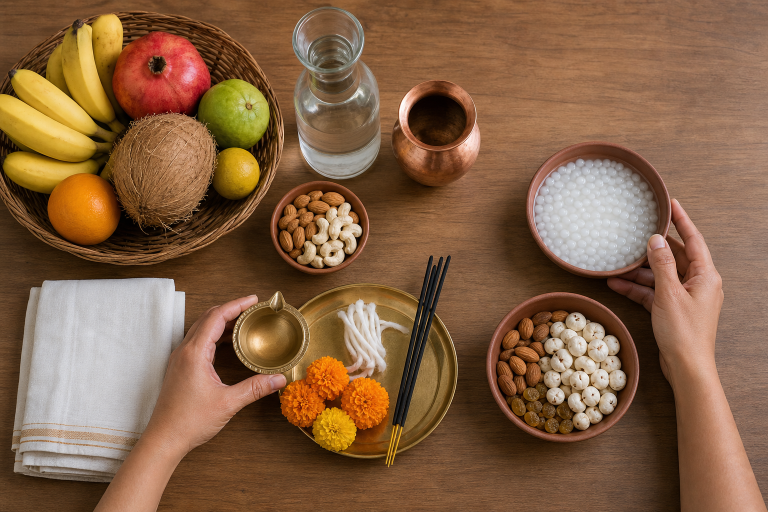 Hands organize fruit, nuts, water, flowers, cotton wicks, a brass lamp, and a copper vessel on a wooden table for fasting and worship.