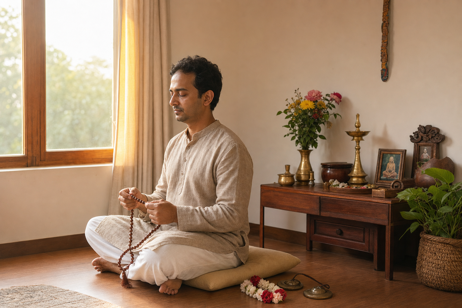 A person practices quietly with wooden prayer beads at home beside flowers and a small brass lamp in morning light.