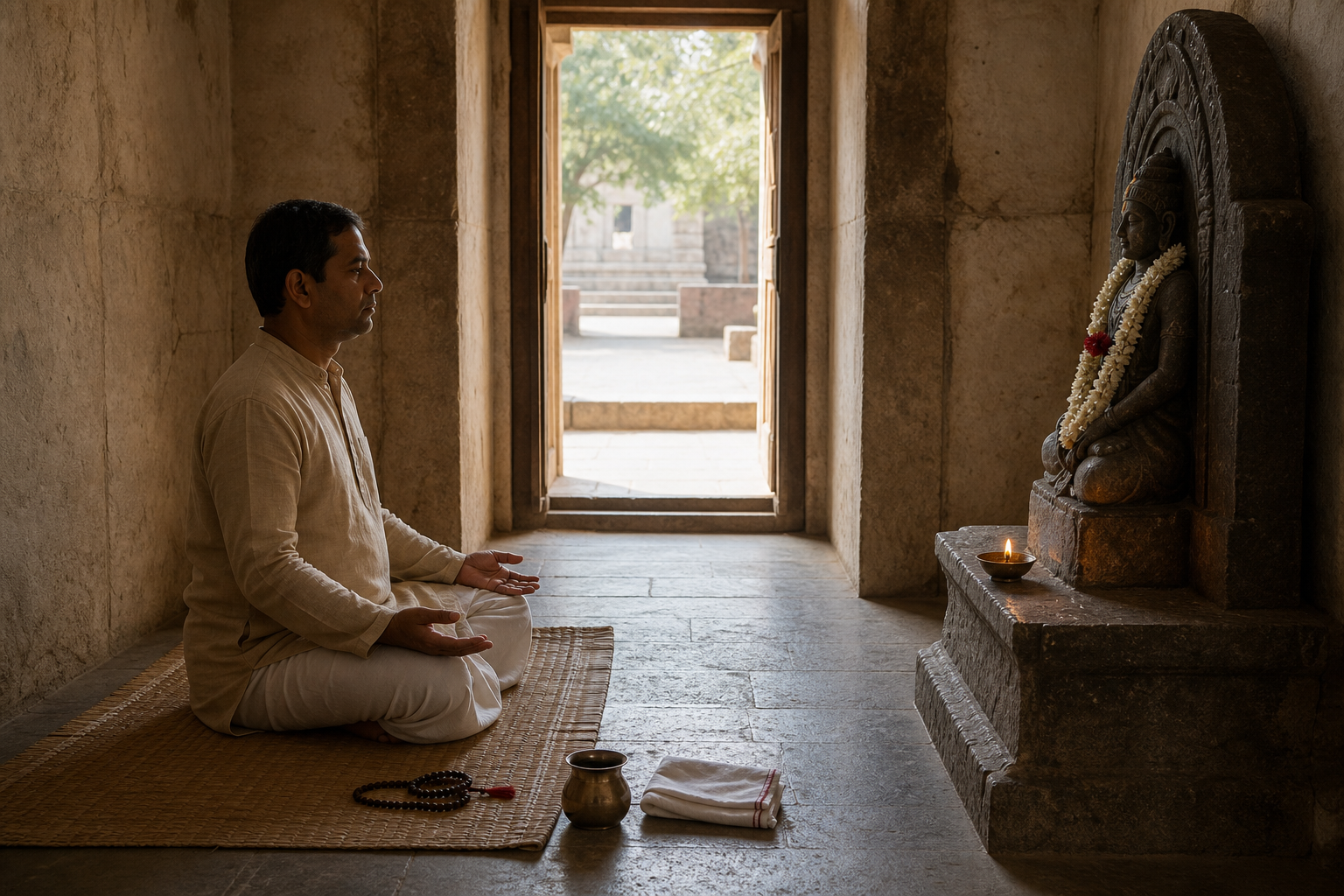 A seated devotee practices quiet darshan before a simply adorned stone murti in a peaceful temple shrine.