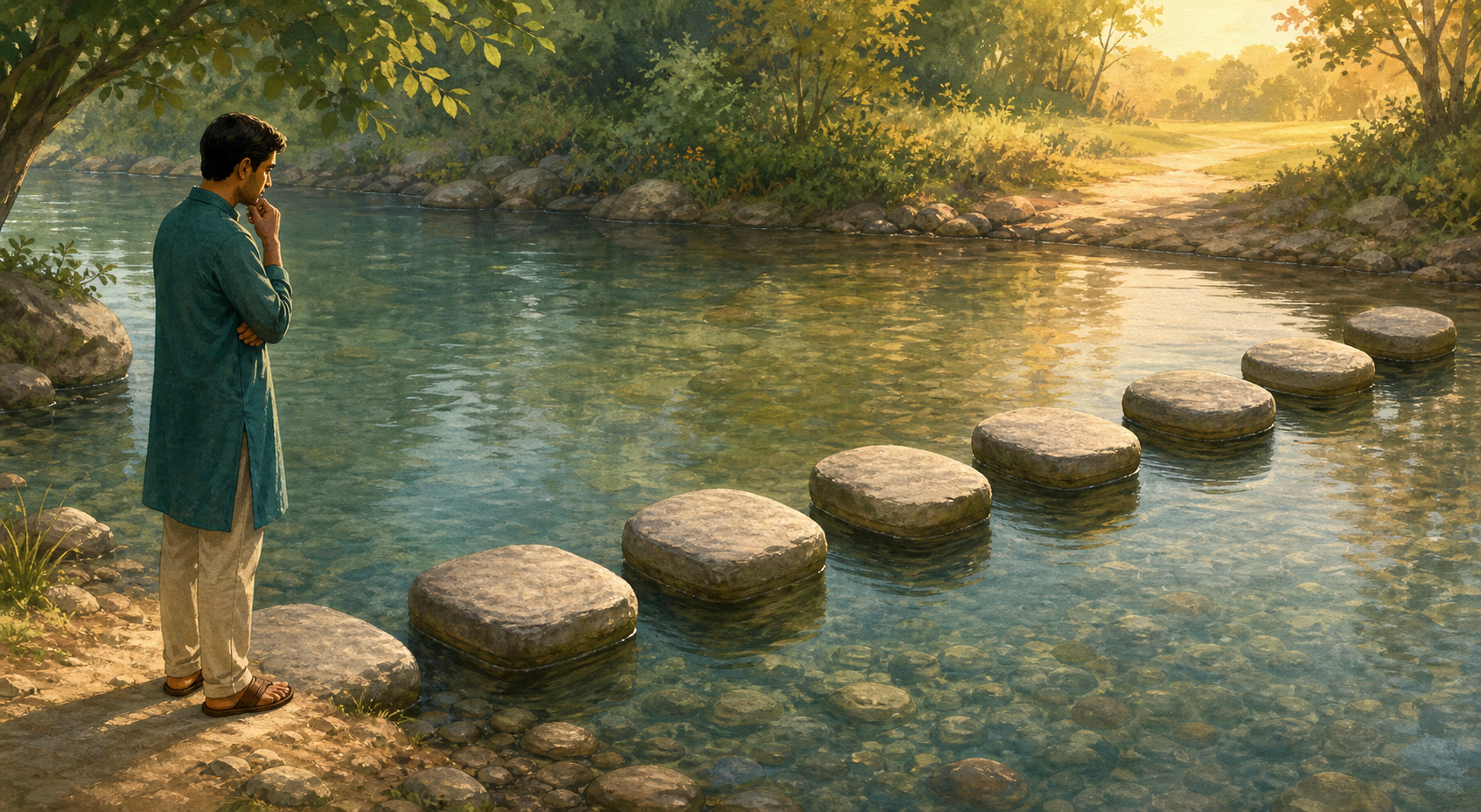 A person pauses at the edge of a shallow stream crossed by seven evenly spaced stepping stones.