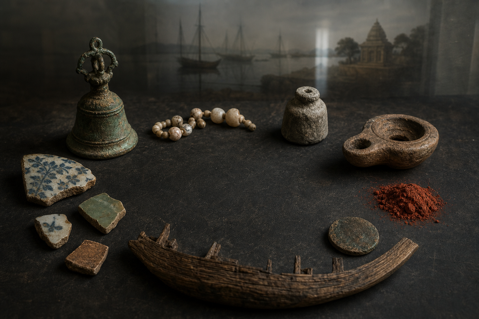 Ceramic fragments, beads, a bell, a trade weight, a lamp, pigment, a worn coin, and a model-ship fragment surround an empty space on a conservation table.