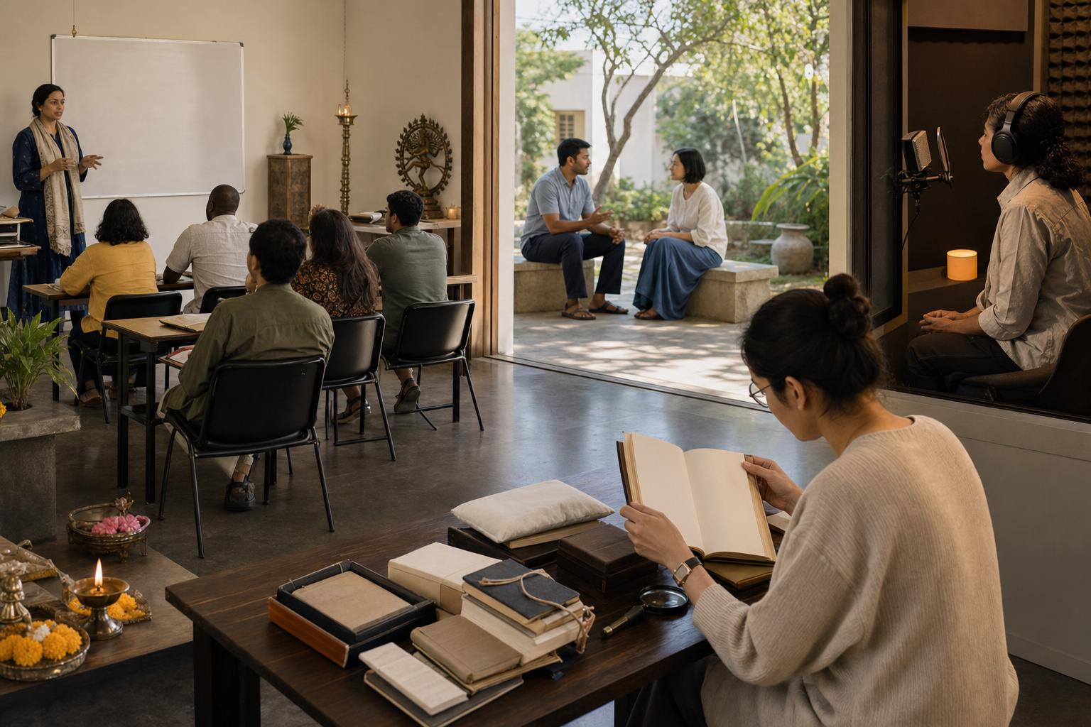 People use Sanskrit in a classroom, a community conversation, an archive, and a recording studio.