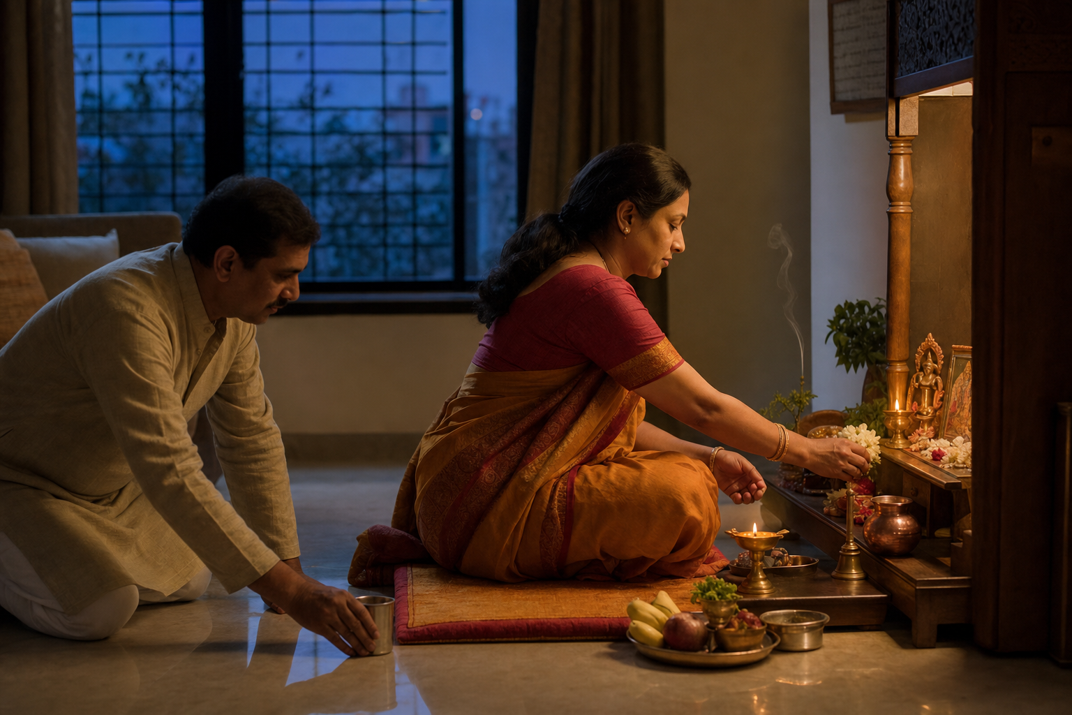 A devotee offers flowers at a home shrine while a family member places water nearby in the warm light of a brass lamp.