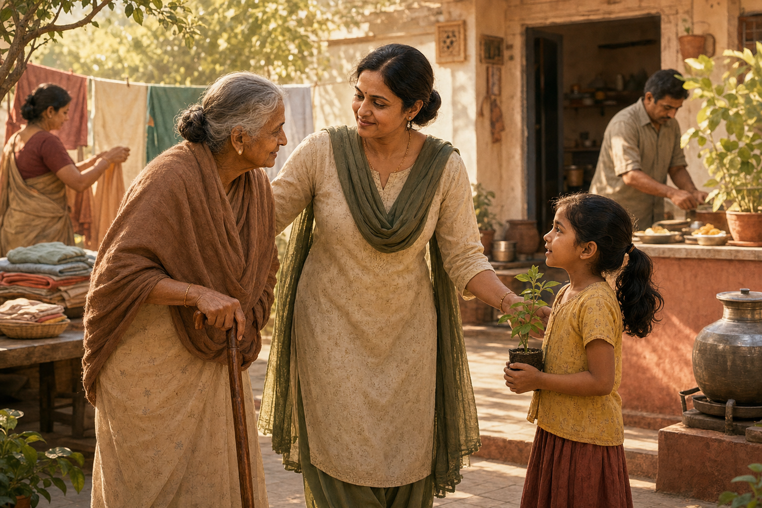 An adult caregiver supports an elderly relative and listens to a child in a sunlit family courtyard.
