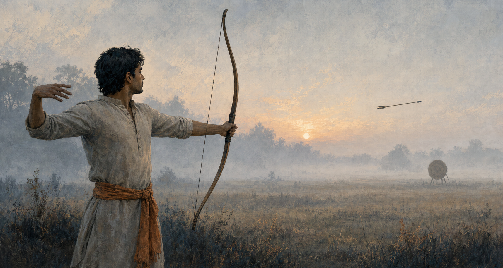 An archer holds a steady follow-through as a released arrow travels across a misty practice field.