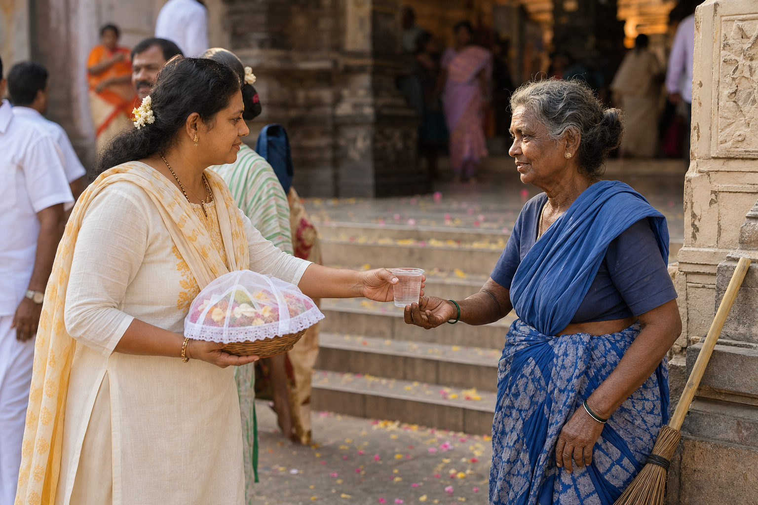Outside a temple, a devotee offers water to an elderly street sweeper while meeting the person's gaze respectfully.
