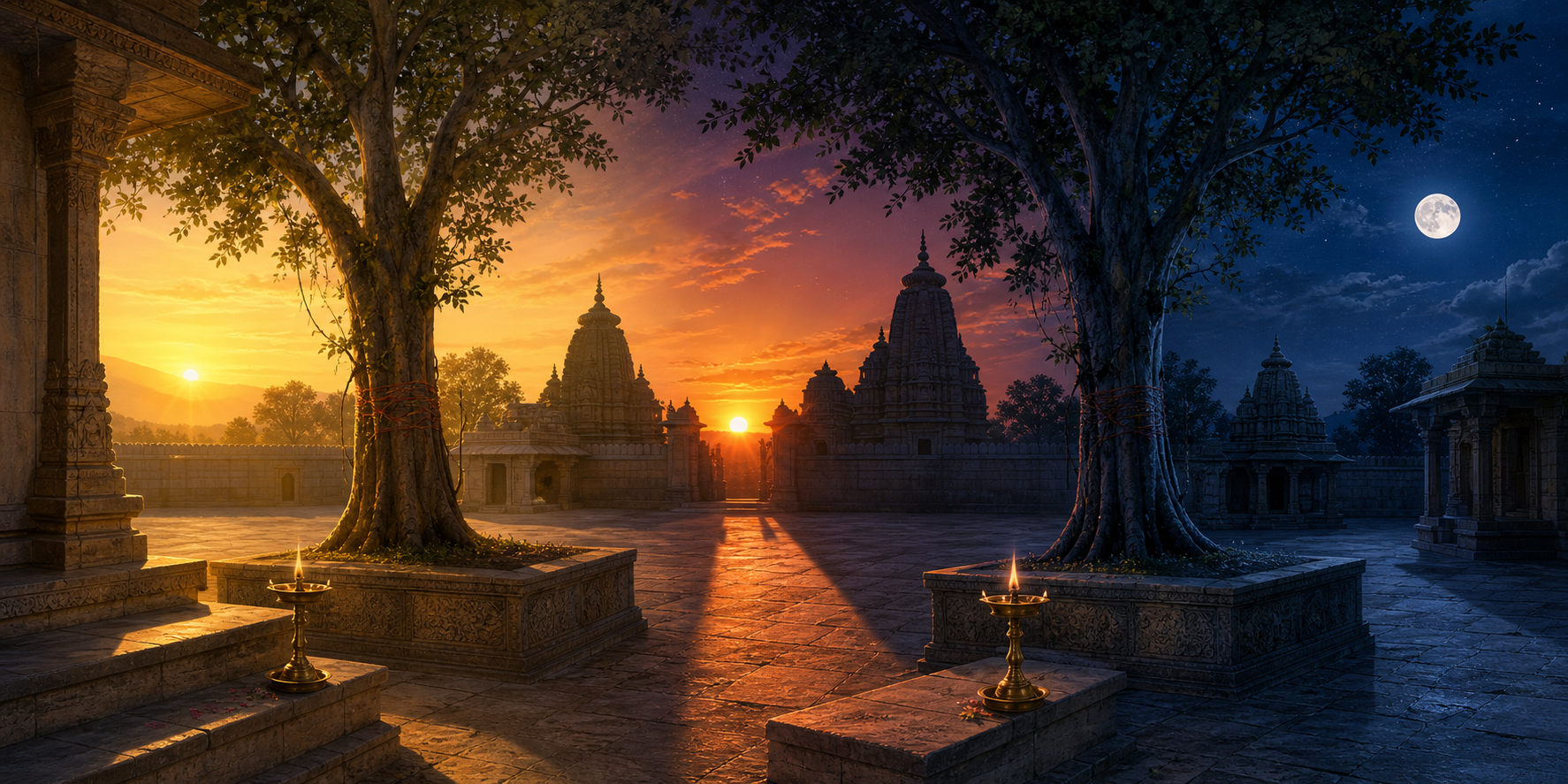 A panoramic montage shows the same temple courtyard at sunrise, sunset, and moonrise, with changing light across the sky.