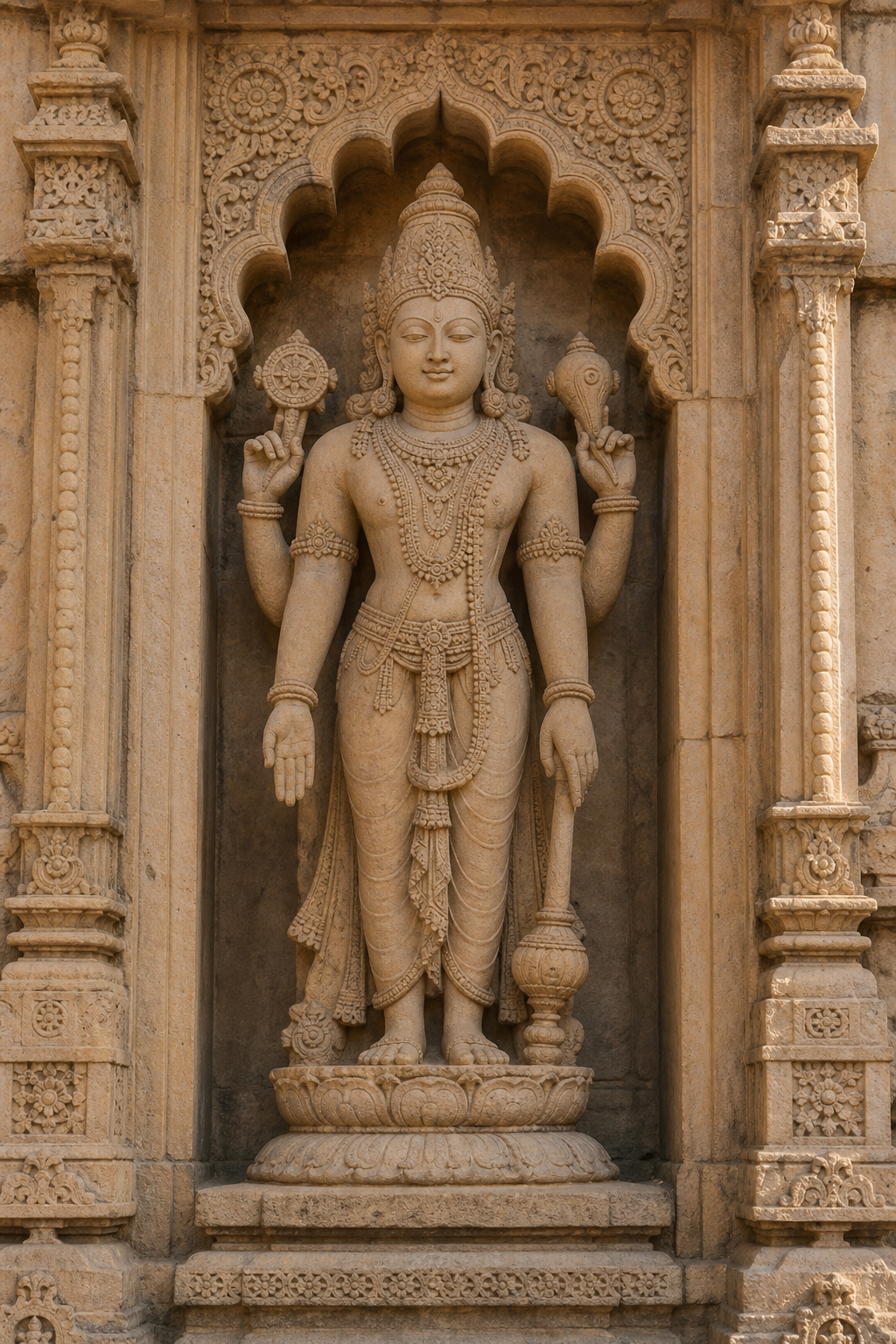 Full-length temple deity sculpture with crown, necklaces, symbolic objects, and matching corded armlets on the upper arms.