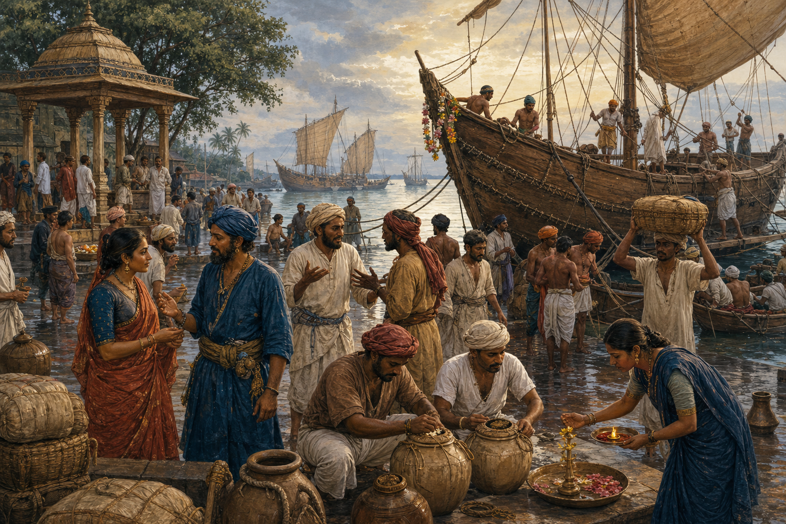 Merchants, brokers, sailors, craftspeople, and porters coordinate cargo and departure rituals beside a stitched-plank ship after monsoon rain.