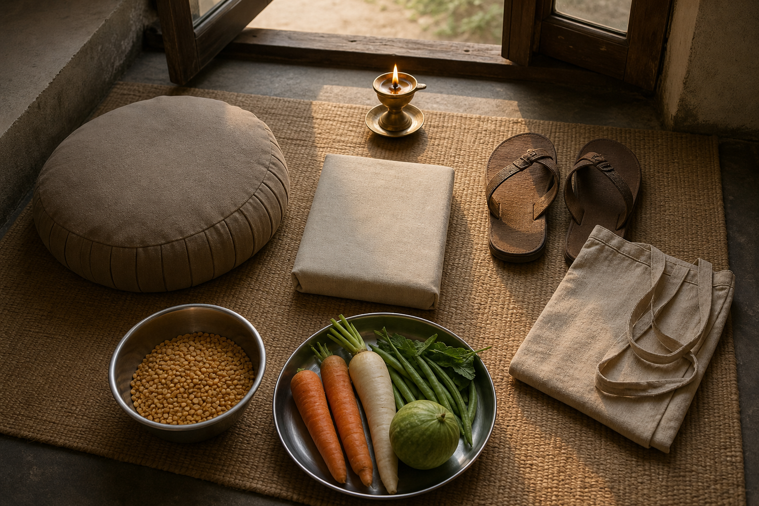 A meditation cushion, oil lamp, unmarked cloth-bound book, sandals, apron, lentils, and vegetables are arranged on a woven mat in dawn light.