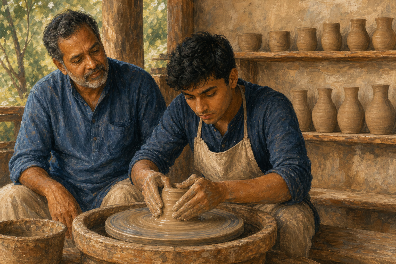 A potter guides a learner centering clay at a wheel, with a row of practice vessels on a shelf behind them.