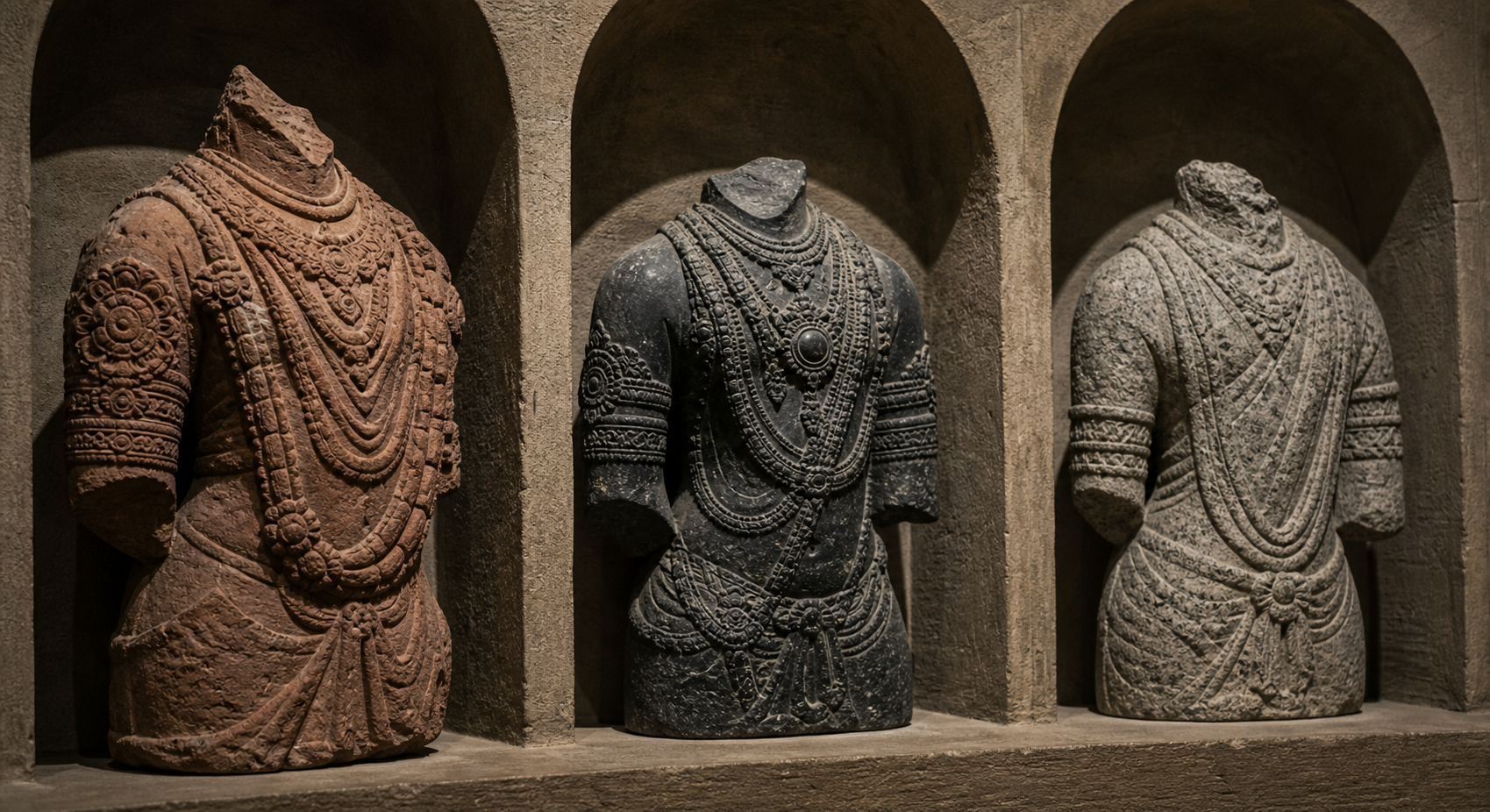 Three stone sculpture studies in separate alcoves show upper-arm ornaments with different plaques, cords, materials, and carving styles.