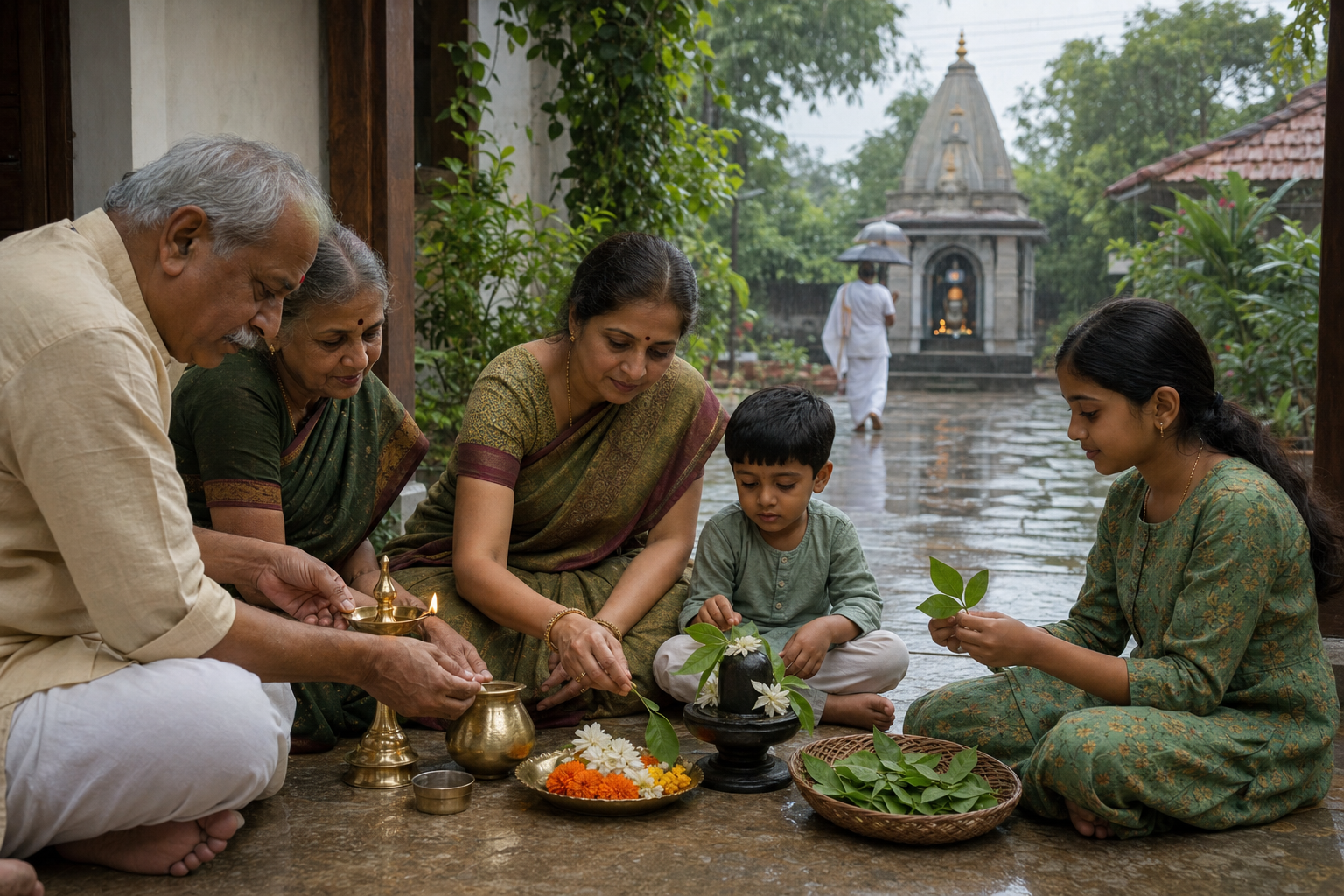 A family prepares a simple Shravan puja with a lamp, flowers, water vessel, and bilva leaves in a rain-washed courtyard.
