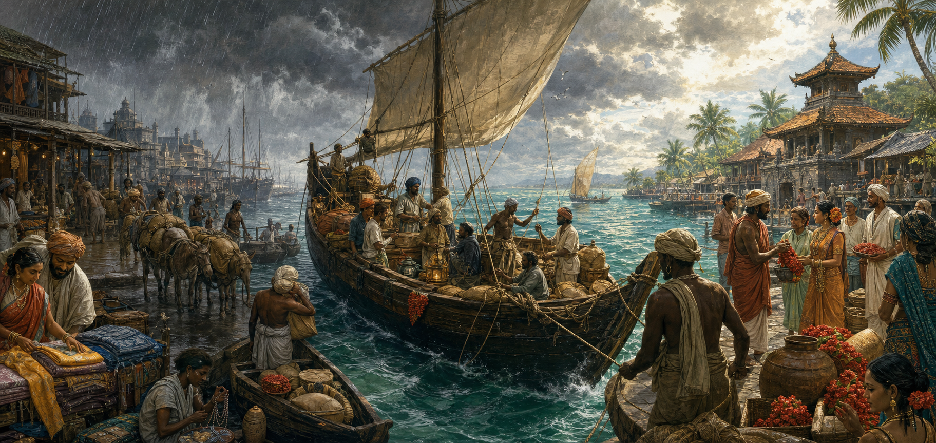 A panorama follows goods and travelers from a rain-soaked Indian harbor across a monsoon sea to a tropical anchorage with local pilots and merchants.