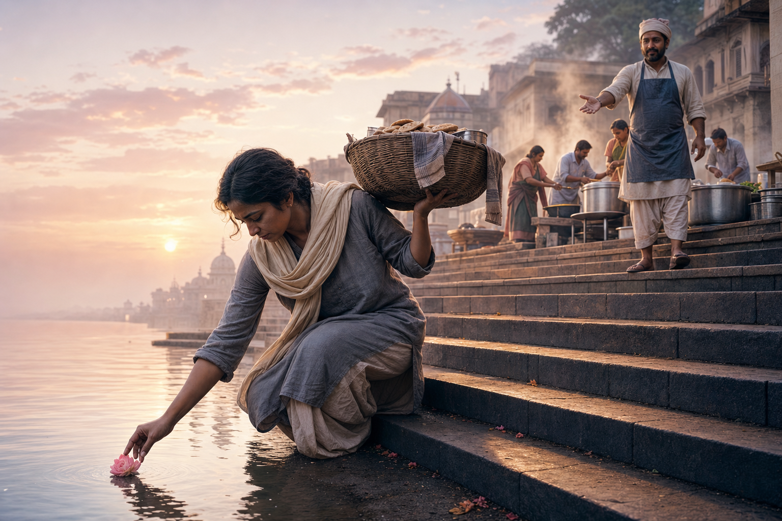 A grieving person releases a flower into a river and carries a food basket toward volunteers preparing a community meal on the steps above.