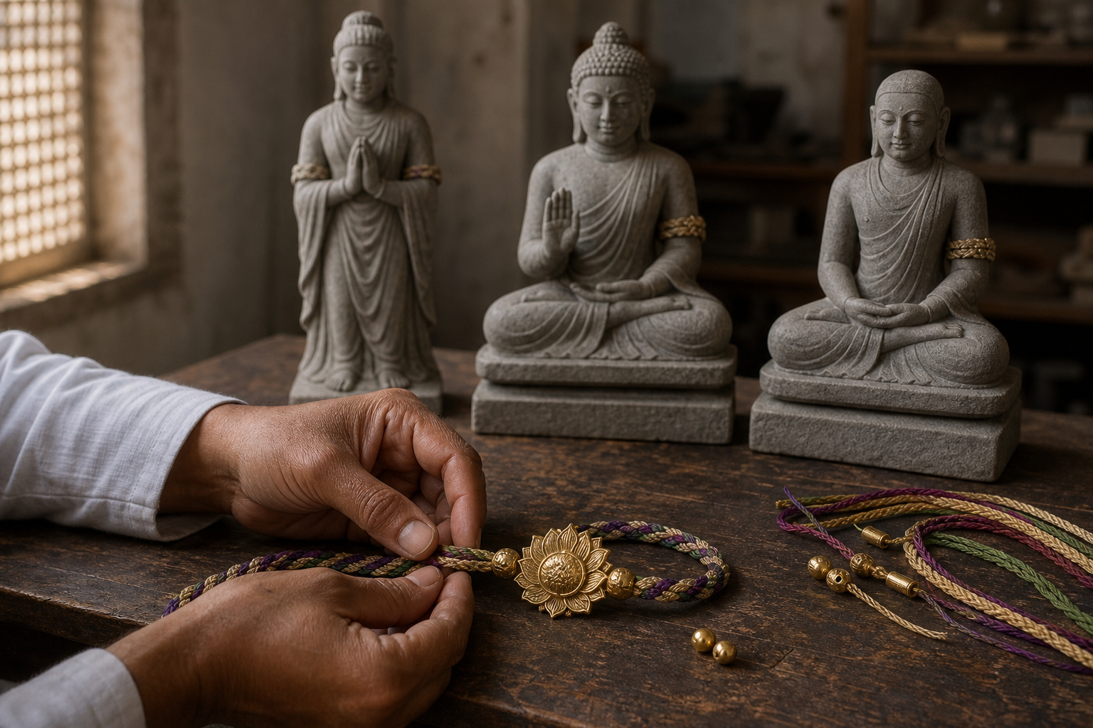 An artisan assembles a corded floral upper-arm ornament beside three small sacred sculpture studies wearing related armlets.
