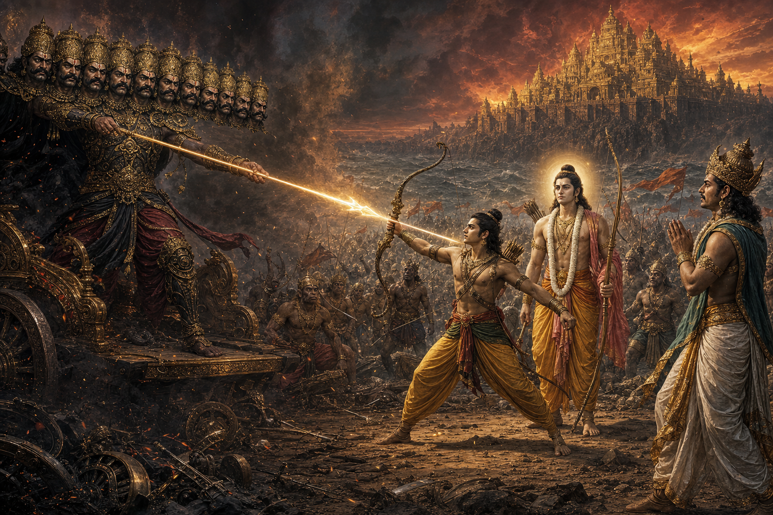 Ravana aims a radiant spear toward Vibhishana as Lakshmana moves to protect him beside Rama on the battlefield outside Lanka.