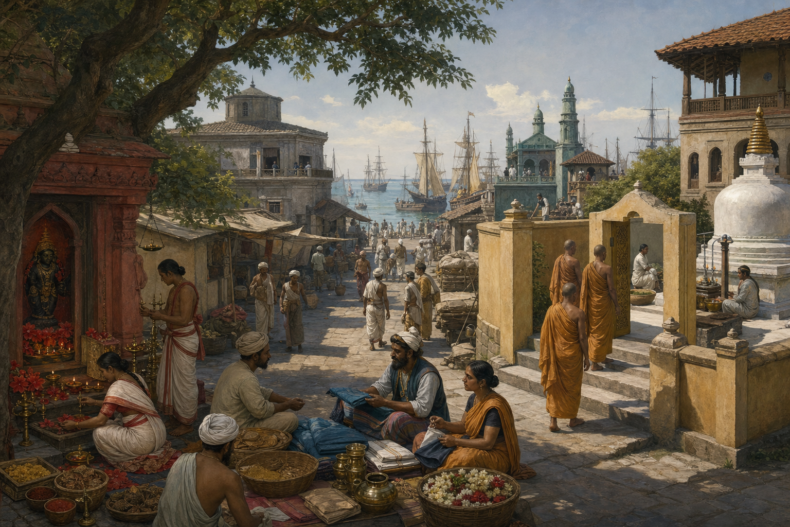 A port market connects separate Shakta and Buddhist ritual courtyards where householders, monastics, travelers, and merchants maintain distinct practices.