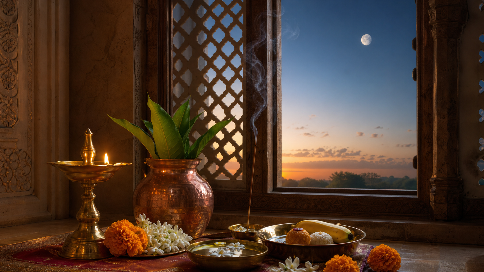 A brass oil lamp, copper kalasha, flowers, incense and puja offerings at a home shrine as dawn light enters through a window beneath a waxing moon.