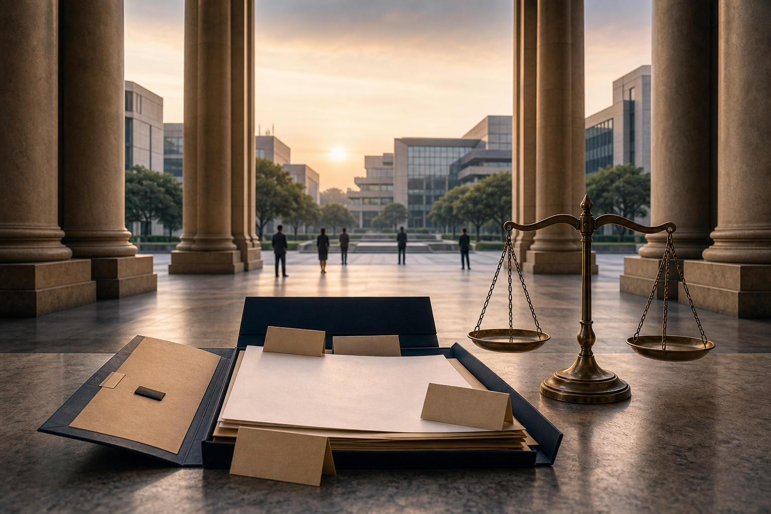 An anonymous corporate office and courthouse frame an open evidence file beside balanced scales of justice.
