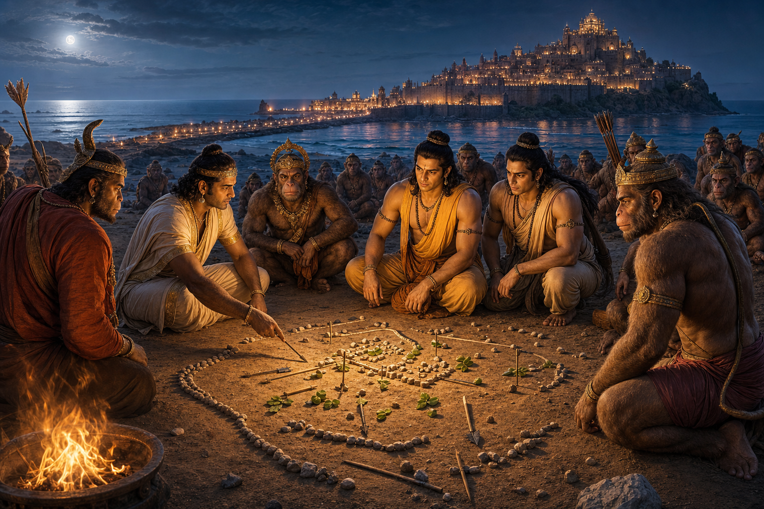 Vibhishana explains the approaches to Lanka with stones and arrows while Rama, Lakshmana, Hanuman, Sugriva, and vanara captains listen.