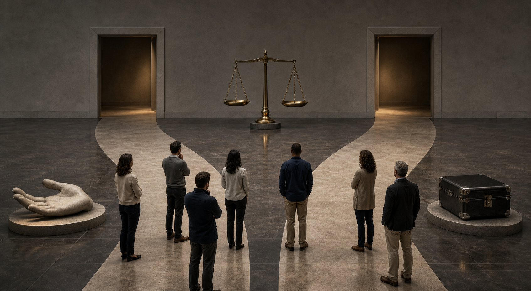 Two separate paths, an open hand, a sealed case, and balanced scales symbolize different legal thresholds for consent and security offences.