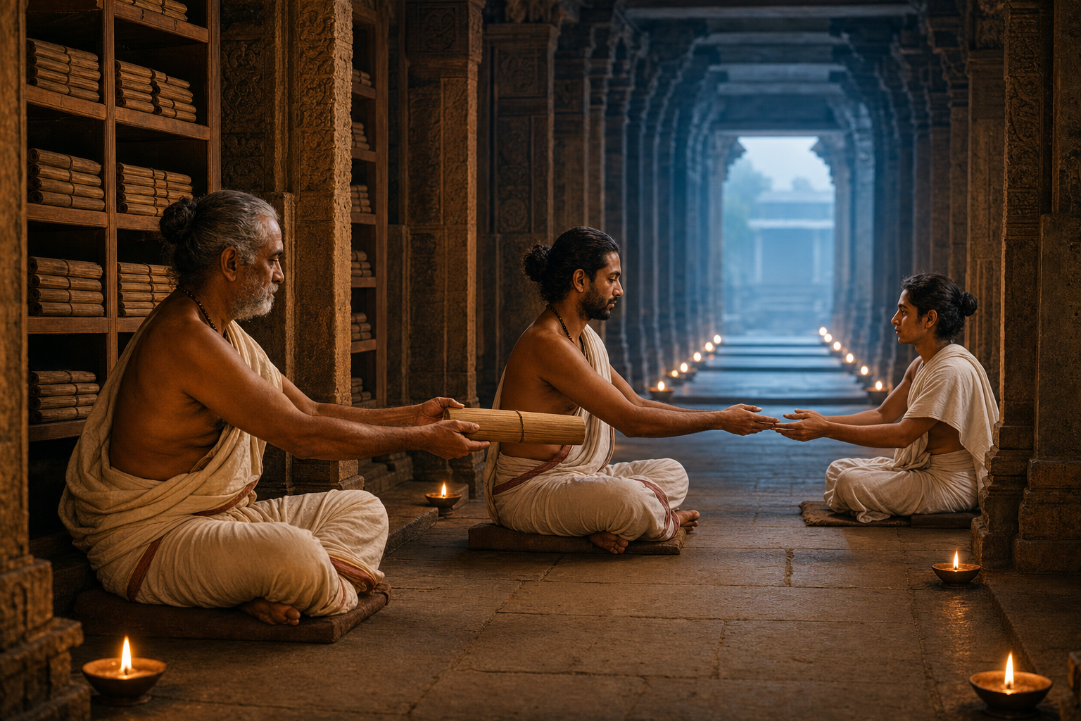 Three generations of practitioners pass a wrapped palm-leaf manuscript along a lamp-lit temple corridor.