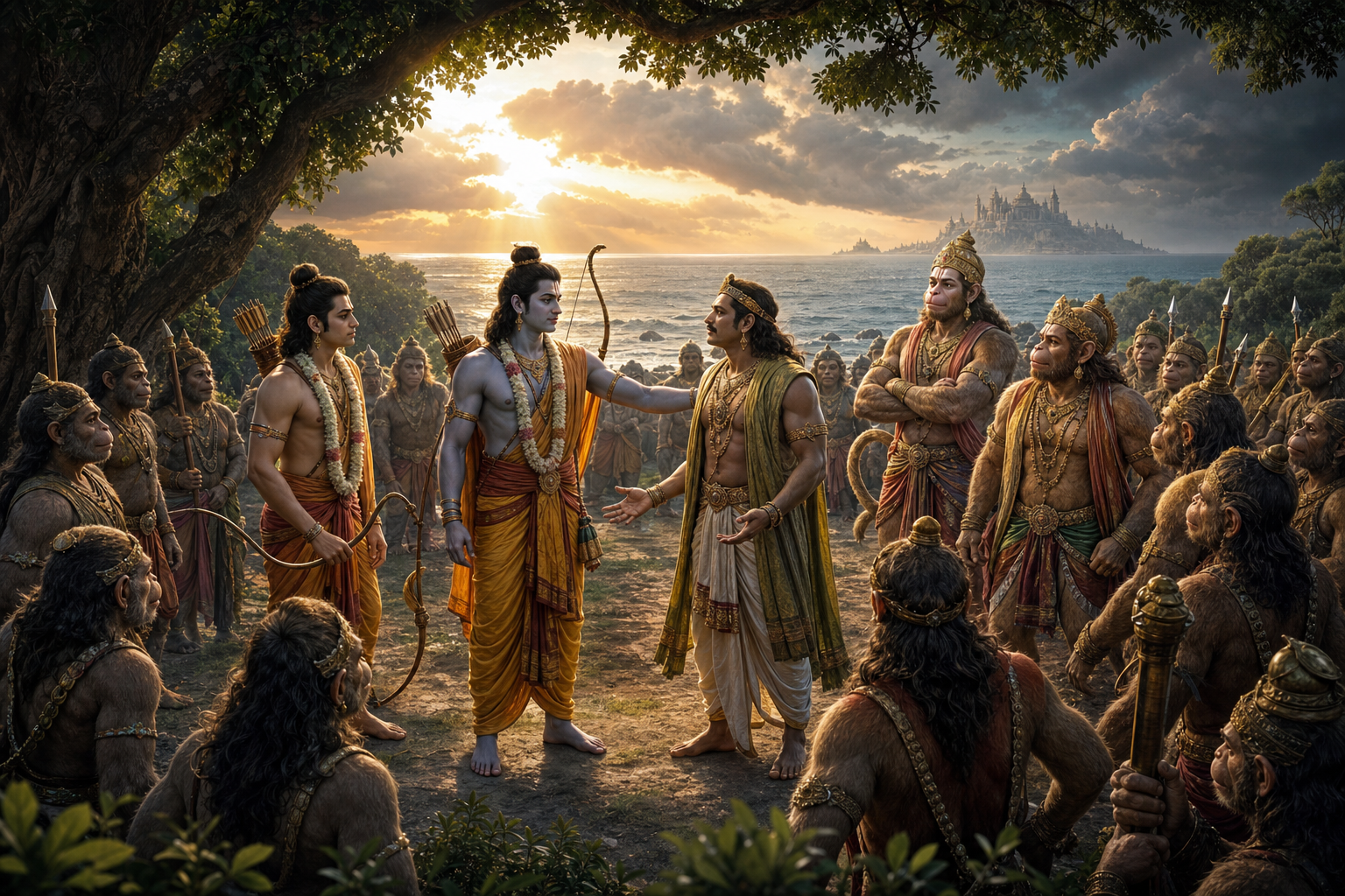 Rama welcomes the unarmed Vibhishana while Lakshmana, Hanuman, Sugriva, and the vanara warriors form a protective circle around him.