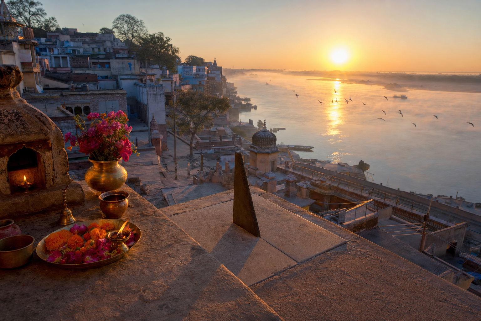 Sunrise over an Indian riverside town casts a long shadow from an unmarked gnomon beside puja items on a terrace.