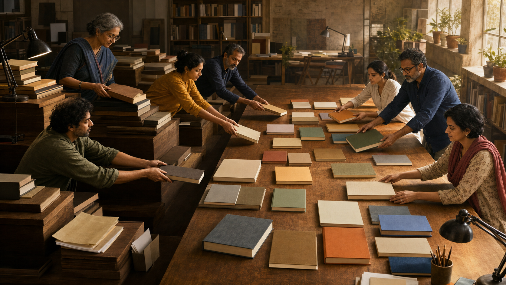 Indian editors move varied unmarked books from unequal display tiers onto one level acquisitions table.