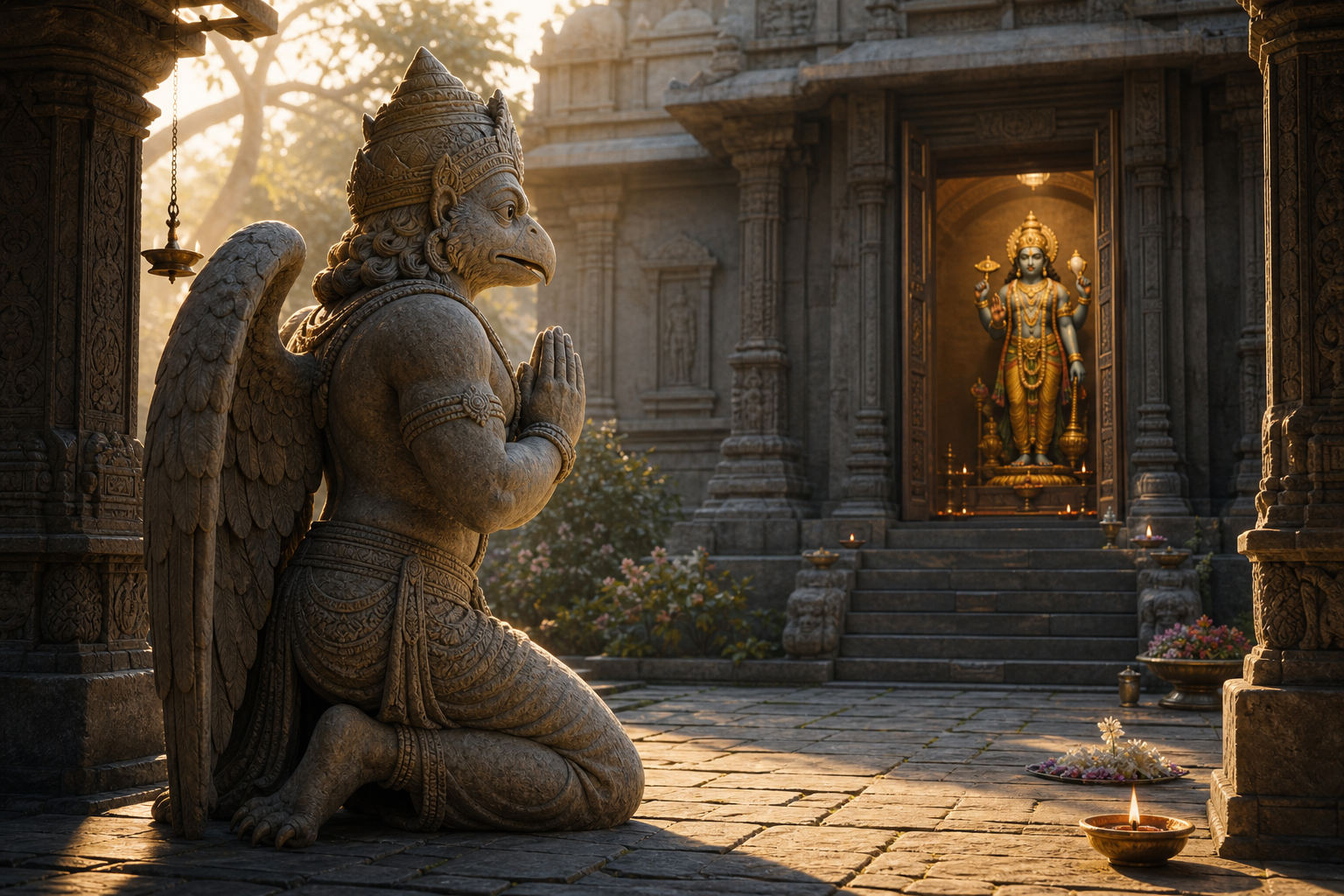 A winged, eagle-beaked Garuda sculpture kneels with joined hands on a temple axis facing a Vishnu image inside a softly lit shrine.