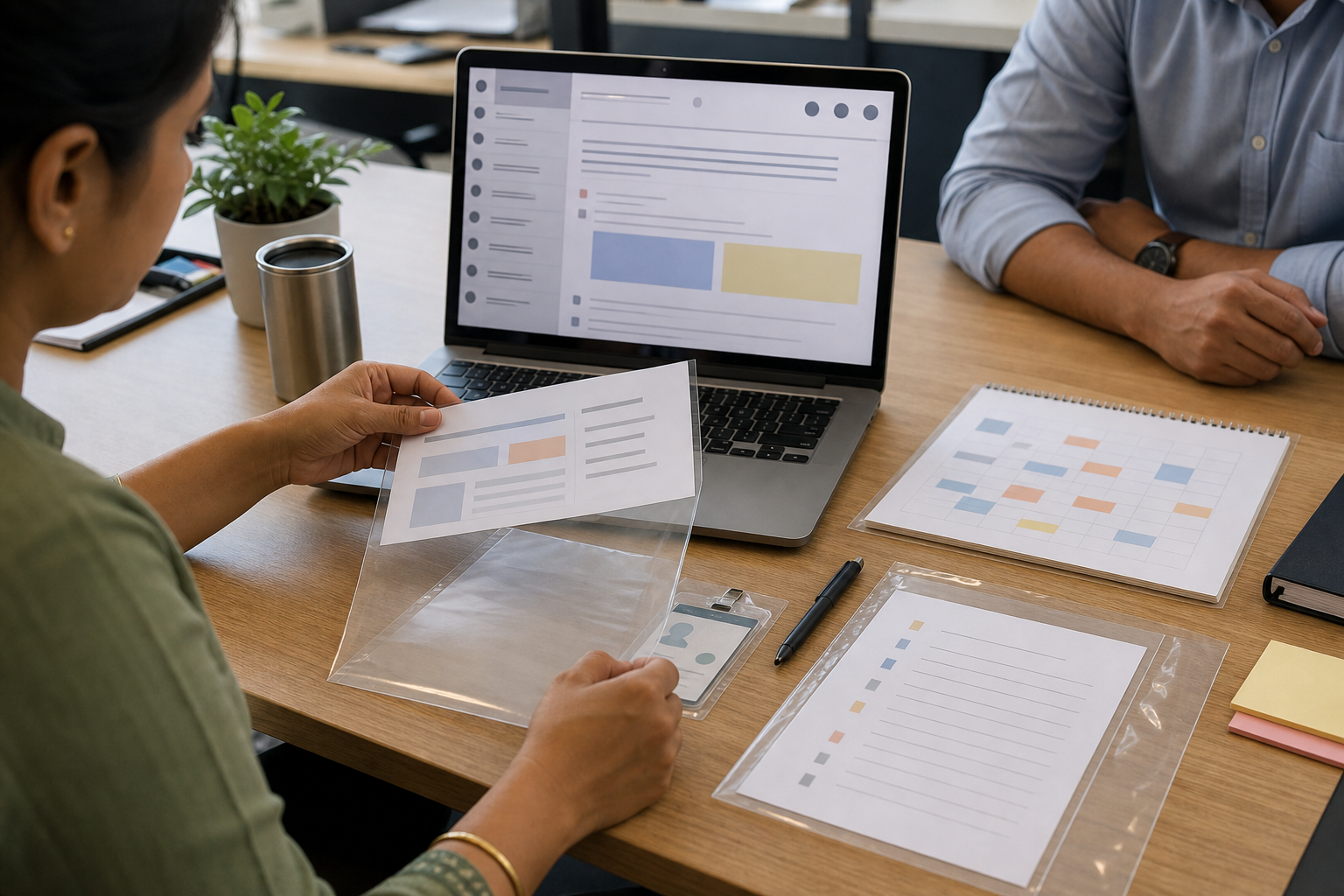 An office employee organizes generic digital records, an access card, and blank documents into evidence sleeves while a witness sits nearby.