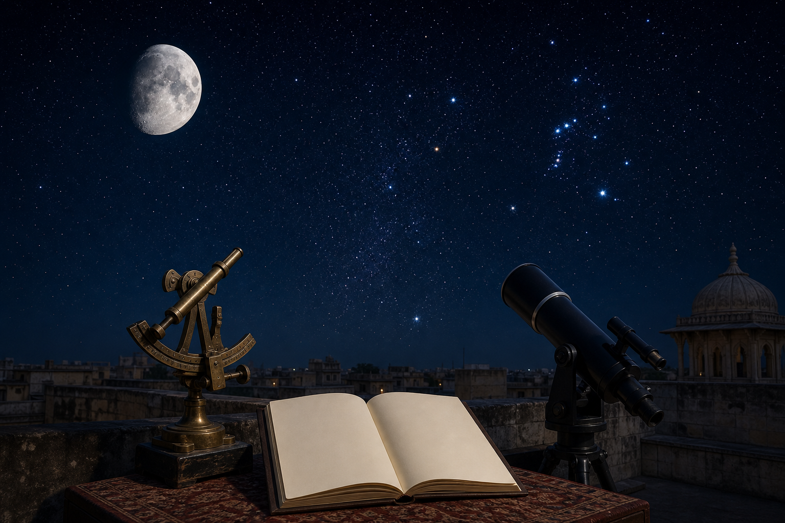 A waxing gibbous moon and stars appear above a rooftop with a brass sighting instrument, a small telescope and an open blank notebook.
