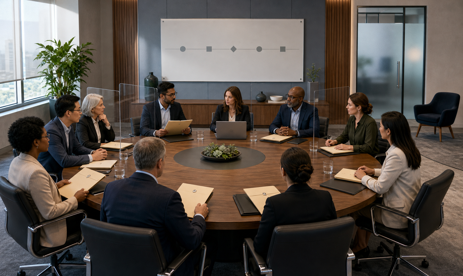 A diverse independent review team examines sealed files around a boardroom table beside a private interview chair.