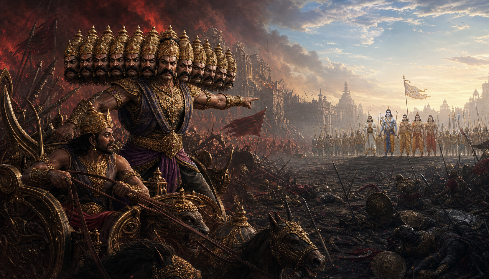 Ravana turns his damaged chariot toward Vibhishana while Lanka's forces falter and Rama's alliance protects the defected prince.