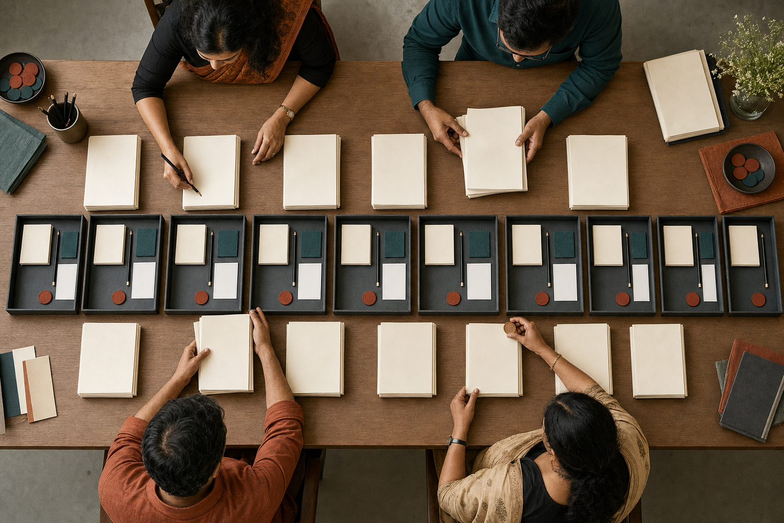 Editors audit unmarked manuscripts arranged with equal sets of acquisition, editing, publicity, and distribution materials.