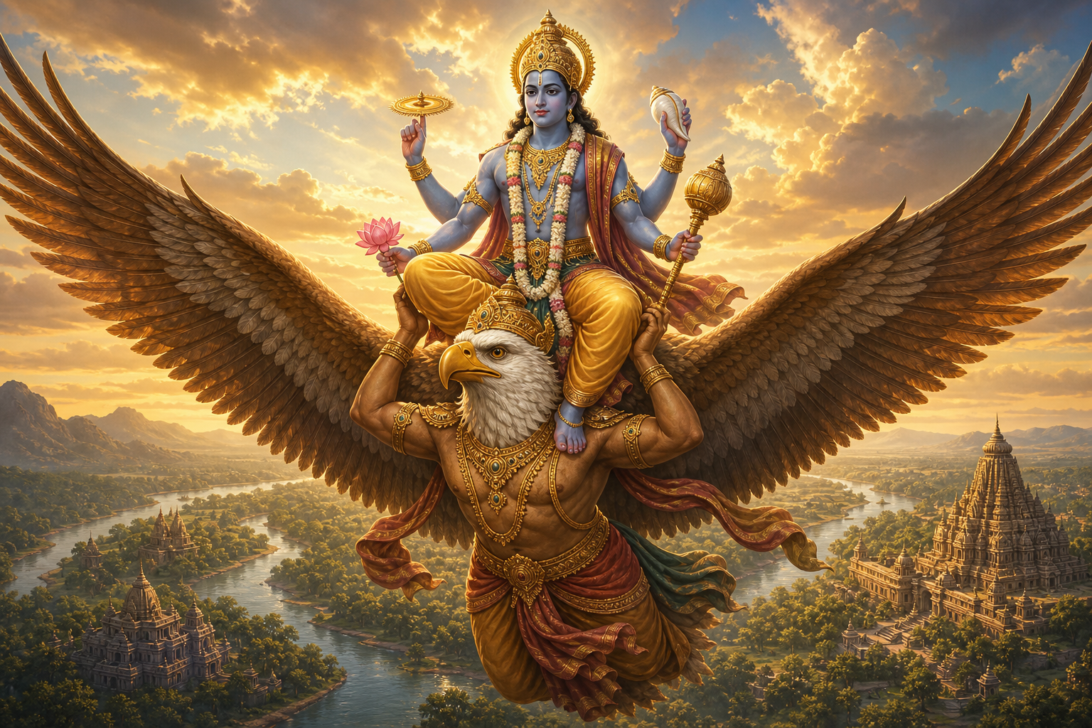 Garuda flies above a river landscape while carrying four-armed Vishnu, whose conch, discus, mace, and lotus are visible.