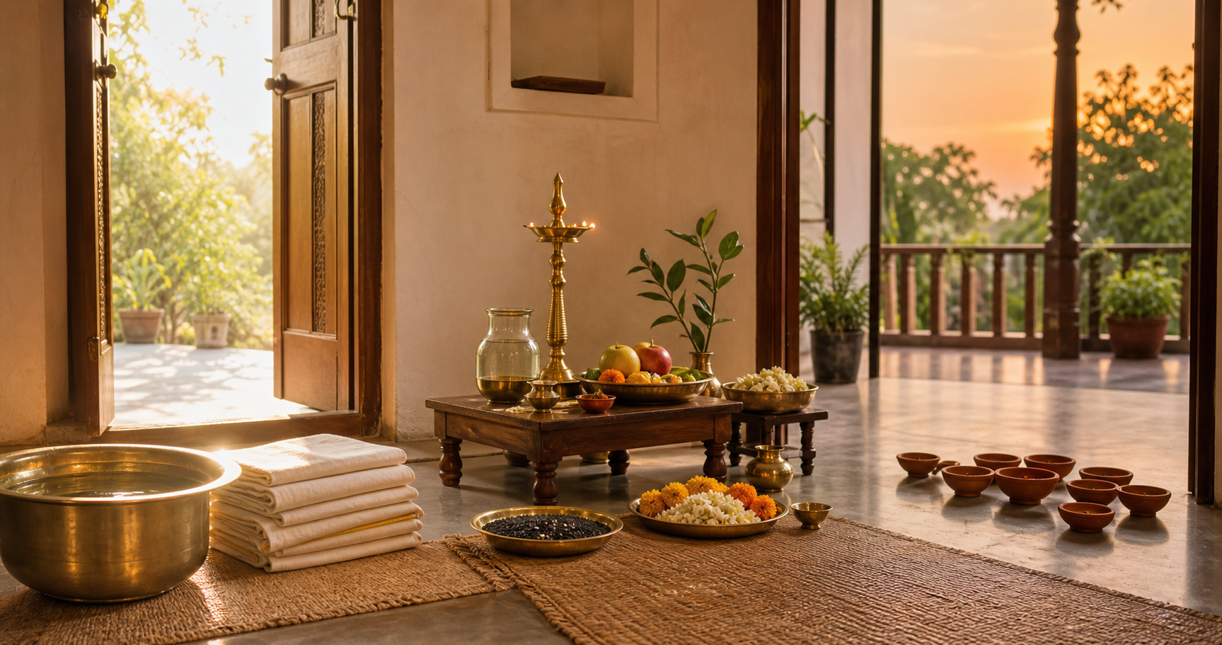 A tidy home observance setting contains a bathing vessel, folded cloth, brass lamp, water, fruit, sesame, flowers and clay lamps from morning to evening.
